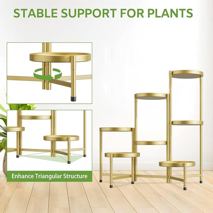 iDavosic.ly 7 Tier Large Plant Stand Indoor, 10 Inch Wide Tall Corner Metal Plant Stands Outdoor for Multiple Plants, Folding Tiered Flower Display Holder Rack Shelf, Gold