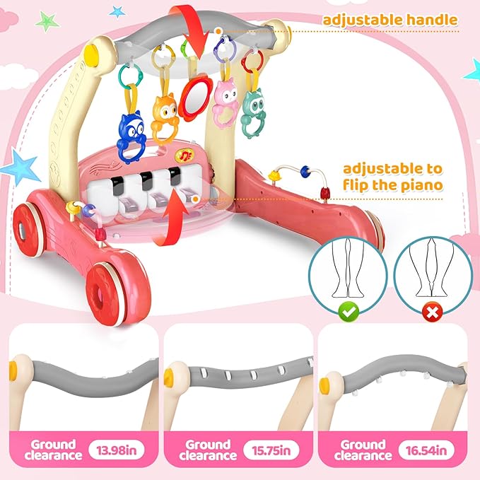 2 in 1 Baby Gym Play Mat with Walker, Kick and Play Piano Gym Activity for Boys Girls, Musical Activity Center Tummy Time Mat for 0-3-6-12-18 Months, Learning Walker Play Gym for Infant Girl Gift(RED)