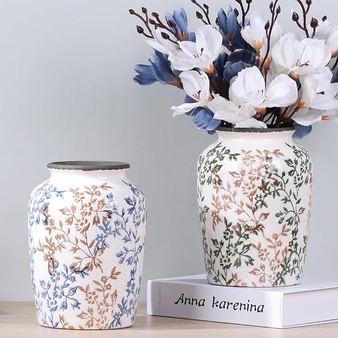 Vintage Vase for Flowers,Green Chinoiserie Ceramic Vase,Rustic Farmhouse Cracked Vases,for Flower Arrangement,Living Room, Office, Shelf, Fireplace Tables,Centerpieces,Chinoiserie Pottery Decor(D)