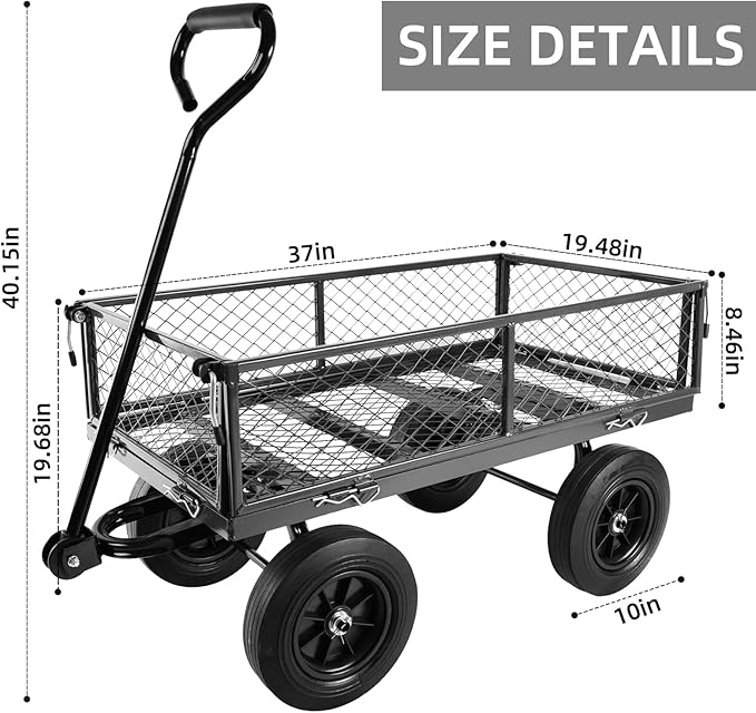 Heavy Duty 480 Lbs Capacity Mesh Steel Garden Cart Folding Utility Wagon with Removable Sides (Black)
