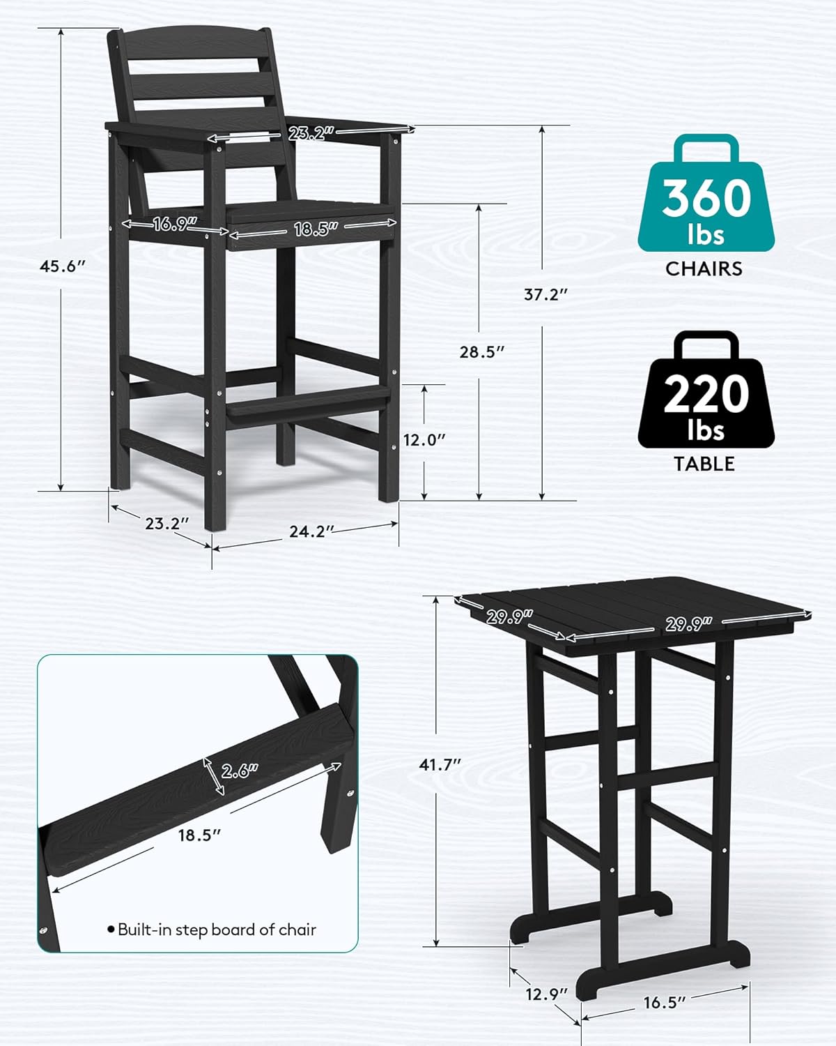 SERWALL 4 Pieces Outdoor Patio Bar Set with 9ft Umbrella, Outdoor HDPE Barstool and Table Furniture Set with Patio Umbrella, Black