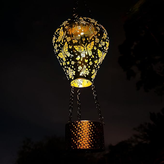 2-Pack Butterfly Decor Hot Air Balloon Solar Lantern – Outside Decorative Hanging Light for Garden Yard Patio Porch Lawn and Pathway – Unique Housewarming, Birthday Gift for Women Mom Grandma