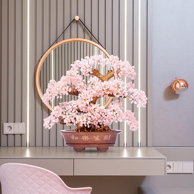 Natural Rose Quartz Tree Large,14" Chakra Crystal Tree(1,251 Gemstone Count) w/Lucky Coins Chain Healing Properties - Bonsai Feng Shui Money Tree for Love Self Care Home Office Decoration