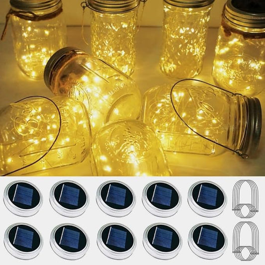 Solar Mason Jar Lid Lights, 10 Pack 30 LED Waterproof Firefly Fairy Lights with Hangers(No Jars), Outdoor Starry String Lights for Patio Yard Garden Wedding Lantern Decor (Warm White)
