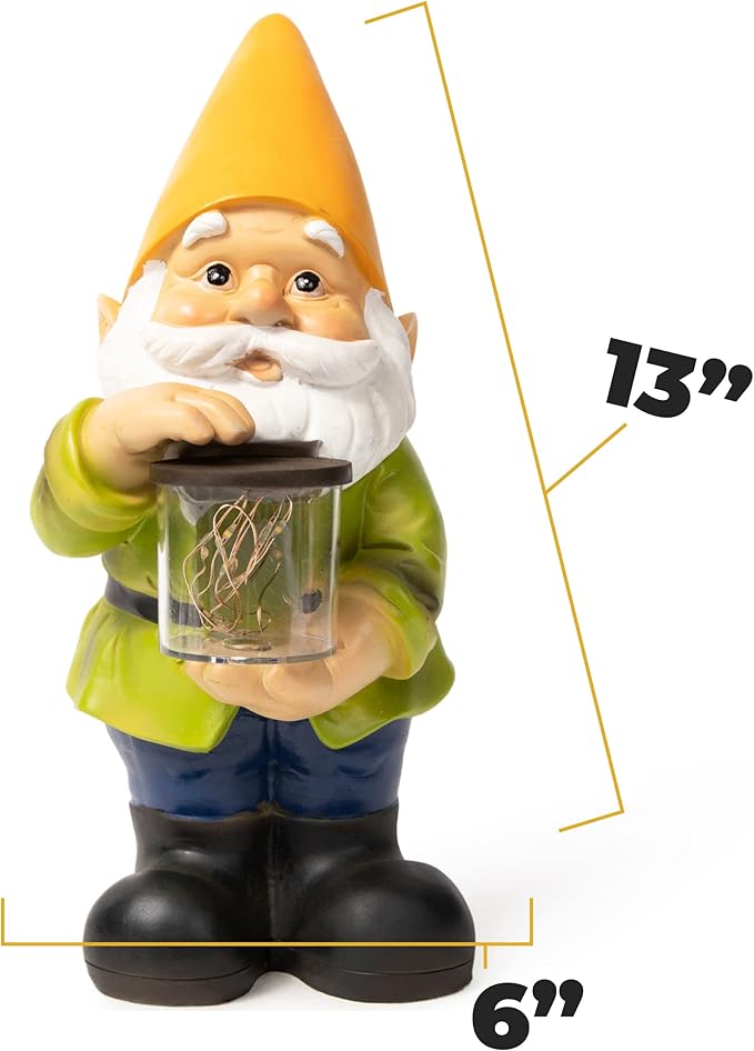 VP Home Jar Garden Gnomes Lawn Gnome with Solar Light Great Addition for Your Garden Solar Powered Knome Gifts for Outside Patio Lawn (Yellow Hat)
