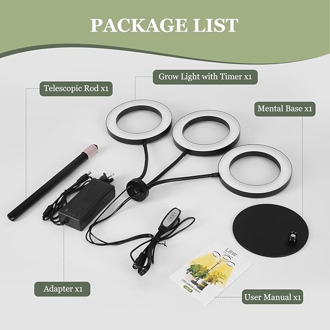 LBW Halo Plant Grow Light, Tri-Head Desk Grow Light for Indoor Growth, 72x3 LEDs Full Spectrum Grow Lamp with 4/8/12H Auto Timer, 4 Brightness Levels, Height Adjustable, Ideal for Indoor Plants, Black