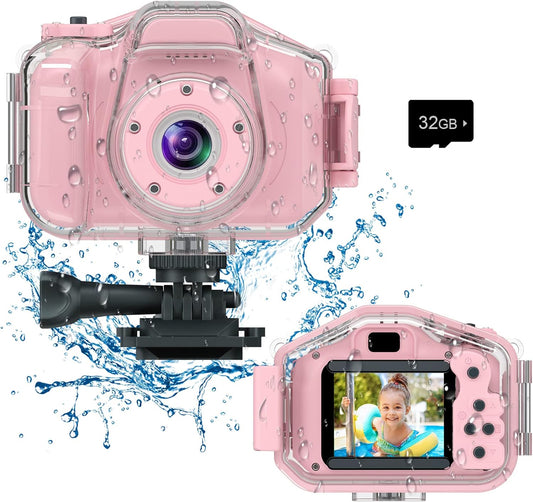 Agoigo Kids Waterproof Camera - Children Underwater HD Video Digital Camcorder, Portable Travel Toy for Toddler - Ideal Christmas Birthday Gifts for Boys Girls Age 3-12 with 32GB Card (Pink)