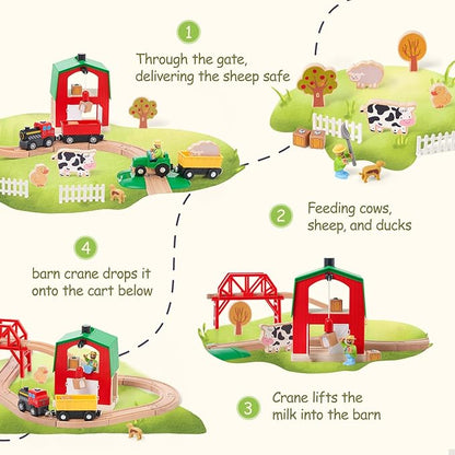 Giant bean 42PCS Wooden Farm Train Set for Toddler, Battery Operated Train Railway Track with Bridge, Barn, Animals,Tractor Cargo, Compatible with Most Brand,Toy Gift for Kids Boys Girls Age 3-8
