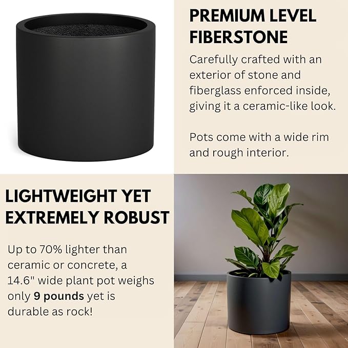Fox & Fern 14.6 Inch Extra Large Planter — Premium Lightweight Fiberstone Matte Black Plant Pot with Drainage Plug; Big Planter for Indoor & Outdoor Use; Weather Resistant & UV Resistant