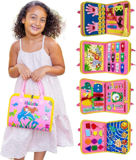 Busy Board Book Bag for Kids | Interactive Learning Activities for Ages 2-7 | Mermaid-Themed Skill-Building Kit | Hair Braiding, Tying Shoes, Math, and Alphabet Puzzles, Felt Bag