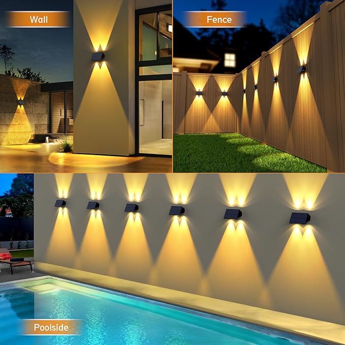 Solar Fence Lights,6Pack Solar Lights Outdoor Warm White + RGB Up & Down Waterproof 100 Lumens Dusk to Dawn for Wall/Backyard/Pool/Railing/Patio/Porch/Step
