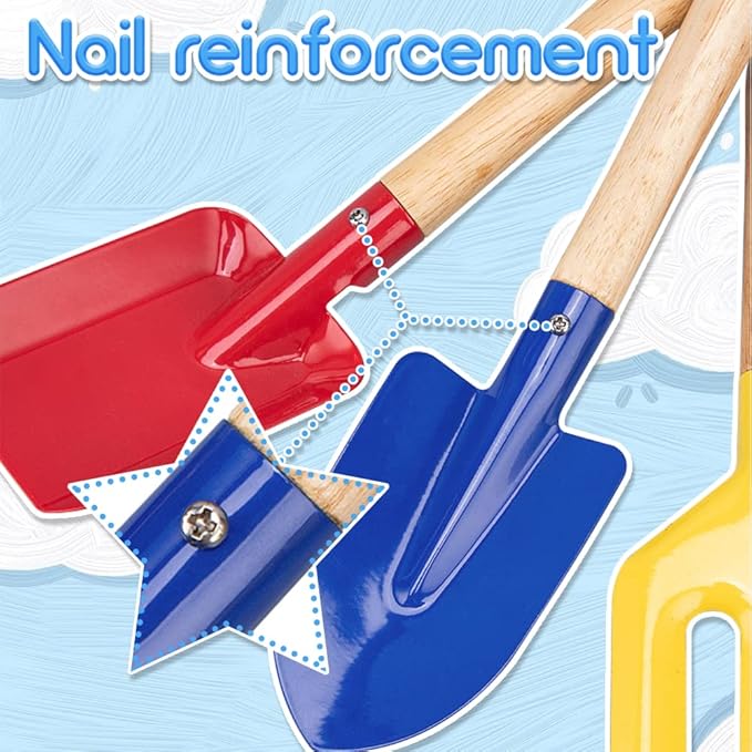 Children Beach Sand Toys, 6 PCS 8'' Wooden Handle Gardening Tools, Kids Gardening Set, Cylinder, Spoon, Fork, Rake, Flat Shovel & Pointed Shovel