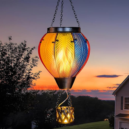 pearlstar Hot Air Balloon Solar Lantern with Flickering Flame Light Outdoor Solar Hanging Lights Waterproof for Garden Yard Farmhouse Patio Pathway Outside Decoration,Glass, Rainbow