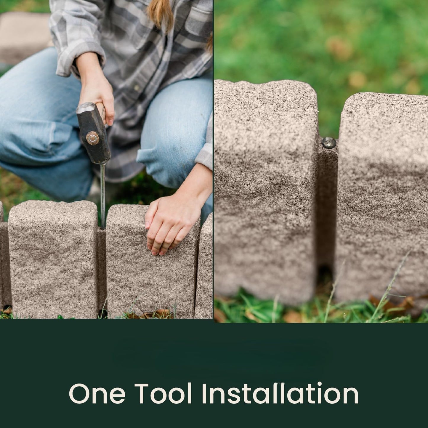 Beuta Landscape Edging | Garden Edging Border | Faux Stone Block XL for Lawn Edging, Flower Beds & Yard Edging – 1 Pack | Each Section Has 6 Blocks 48" L x 4" W x 9.5" H | 3 Spikes | Cobblestone