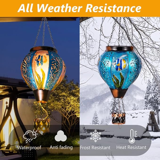 Blue Fish Hot Air Balloon Solar Lantern with Flickering Flame Hanging Solar Lanterns Outdoor Waterproof,LED Metal Hot Air Balloon Lights for Patio Yard Garden Decor,Mother Day Gifts for Women