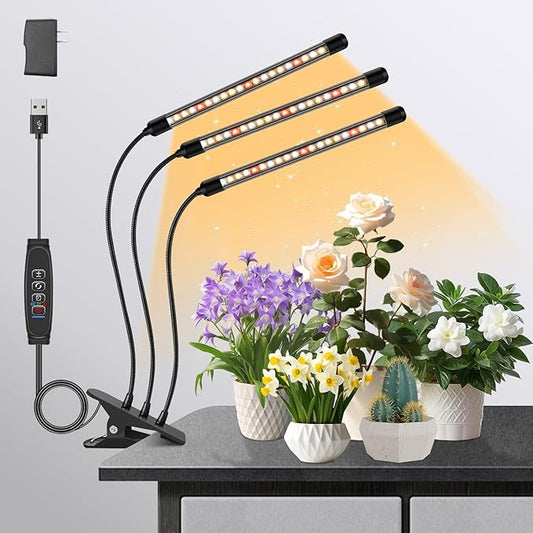 Full Spectrum LED Grow Light for Indoor Plants, 3 Heads Grow Lights for Seed Starting, 10 Dimmable Levels & 3 Timer Modes (3/9/12H), Adjustable 360° Gooseneck with Clip, 6000K Plant Grow Light