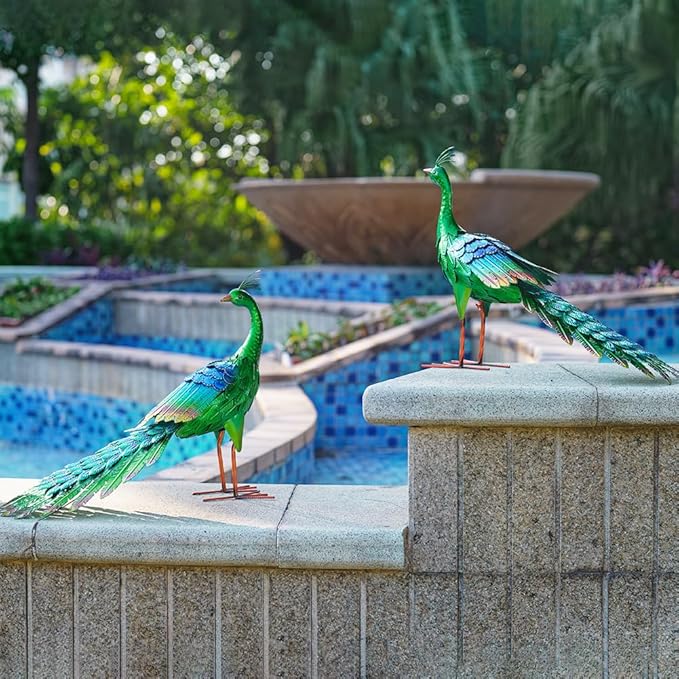 DREAMSOUL Set of 2 Peacock Garden Statues Metal Garden Sculptures & Statues Yard Art Peacock Statue