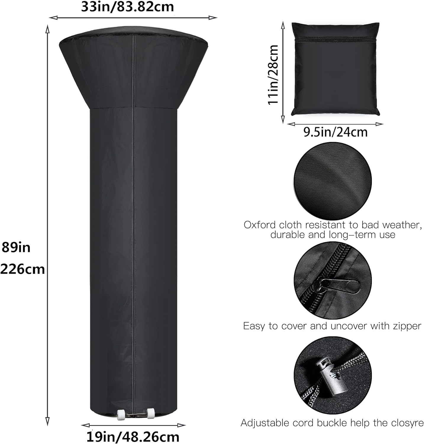 Patio Heater Covers with Zipper and Storage Bag,Waterproof,Dustproof,Wind-Resistant,Sunlight-Resistant,Snow-Resistant,Black,89'' Height x 33" Dome x 19" Base