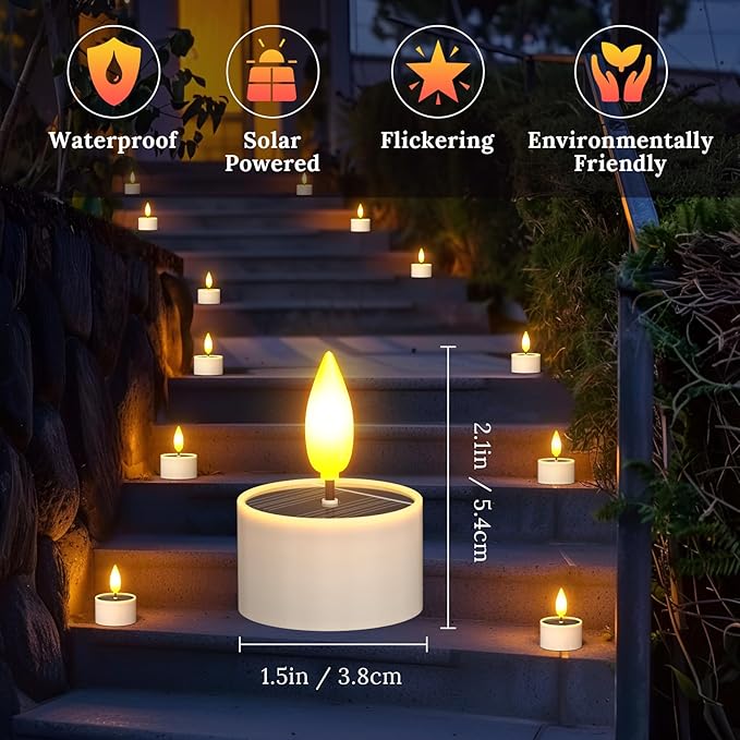 SoulBay Solar Tea Lights Outdoor Waterproof, 12 pcs 1.5" D x 2.1" Reusable Dusk to Dawn Flickering Small LED Tealight Candles, Flameless Votive Candle for Lanterns Patio Garden Camping Decor