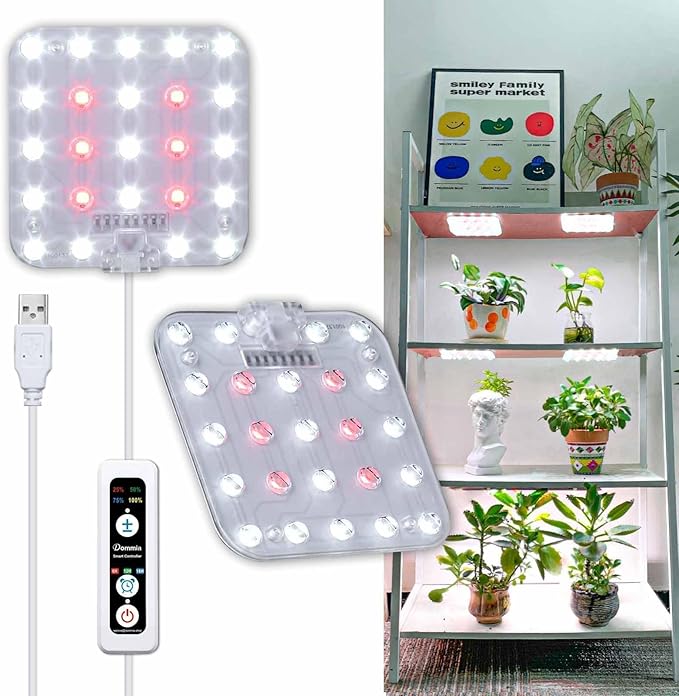 DOMMIA Grow Light, Square 4 Dimmable Full Spectrum High PPFD with Optical Lens, Auto on/Off and 6/12/16H Timer, Suitable for Hydroponics, Seedlings, Succulents, Veg, Flowers & More(No Adapters)