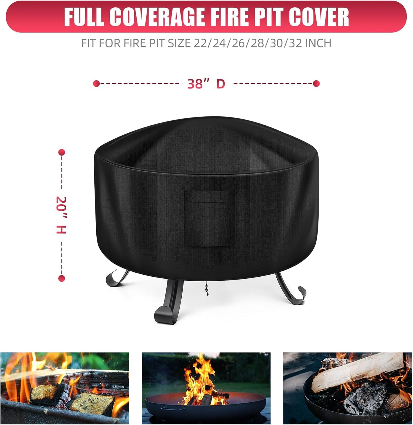 WLEAFJ Fire Pit Cover Round for Fire Pit 38 Inch, Heavy Duty Oxford Fabric Firepit Cover Round, Full Coverage Patio Outdoor Fireplace Cover, Waterproof Fire Bowl Cover