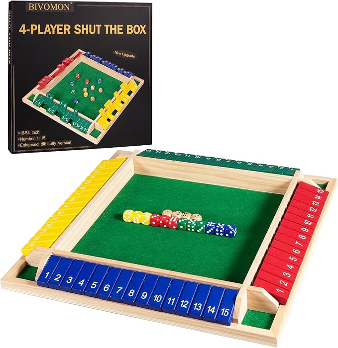 Upgraded 16.54'' Shut The Box Dice Game 4 Player-Colorful Wooden Close The Box Game with 15 Numbers + 16 Dices- Tabletop Math Board Game Kids & Adults
