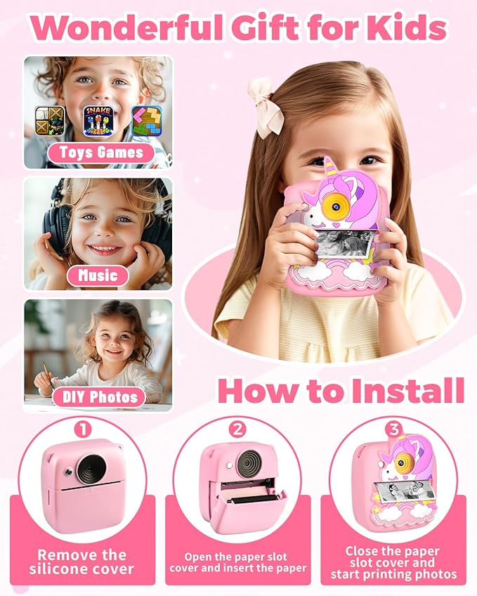 Kids Camera Instant Print, Christmas Birthday Gifts for Girls Age 3-8, 48MP &1080P Children Camera with Photo Paper, Portable Toy Instant Camera for Kids 3 4 5 6 7 8 9 10 Year Old Girls