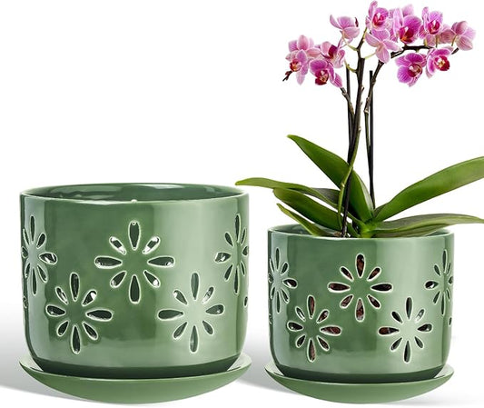 6+5 Inch Orchid Pots with Holes, Ceramic Orchid Pots, Orchid Pots for Repotting,Healthy Air Circulation Plant Pots for Plant Lovers,Planters for Indoor Plants -2 Pack