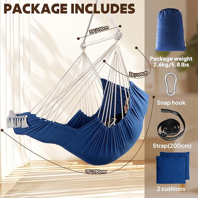 Chihee Hammock Chair Hanging Chair with Foot Rest 2 Cushions Max 500lbs Robust Metal Spreader Bar Collapsible Easy Storage Soft Cotton Swing Chair Strong Strap Iron Carabiner Side Pocket Included
