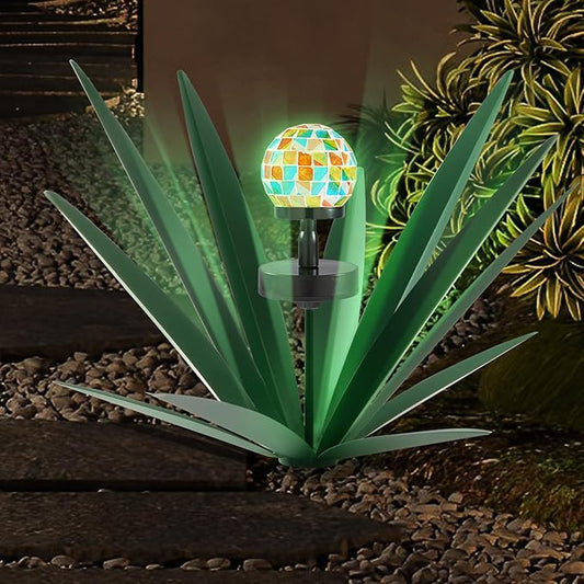 Enlarge Metal Plants Tequila Rustic Sculpture, Outdoor Patio Yard, Home Decor Hand Painted Agave Garden Statue, Outdoor Lawn Ornaments Yard Stakes for Mom Gift (1 Solar Green)
