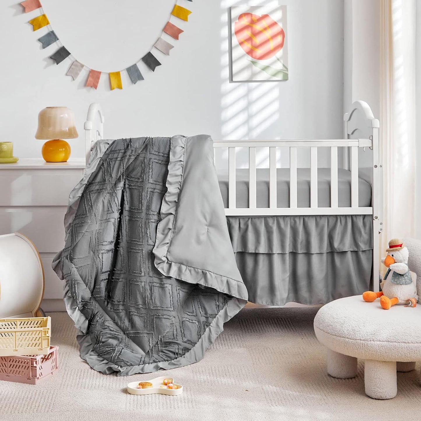 Tufted Ruffle Crib Bedding Set 3 Pieces Baby Boho Quilted Comforter with Fitted Sheet and Bed Skirt - Cute Ruffled Shabby Chic Baby Bedding Soft Blanket Design Gray