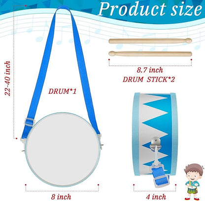 Kids Drum Set 8 Inch Wooden Toy Drum with Adjustable Strap 2 Drumsticks Educational Sensory Musical Instrument Toy Set for Toddlers Kid Baby Boys Girls Gift(Blue Triangle Style)