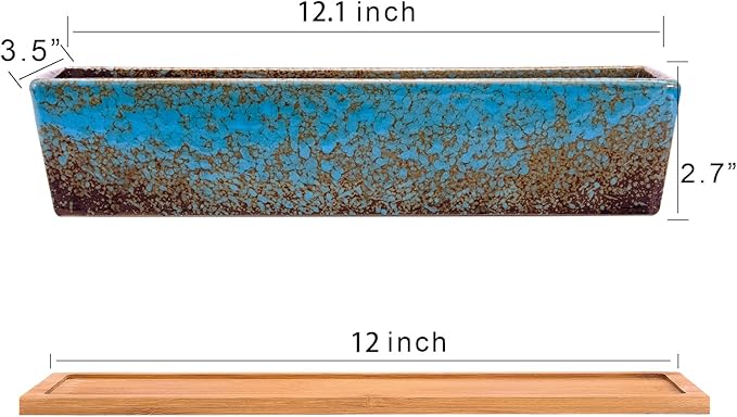 Succulent Pots - 12.1 Inch Large Succulent Planters Pots with Drainage Tray, Long Rectangle Ceramic Pots for Indoor Cactus/Succulent Plants Shallow Bonsai Window Box for Home Garden Decor (Blue)