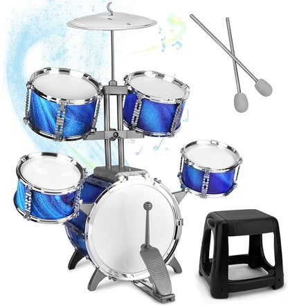 Kids Drum Set for Toddlers 1-3 Musical Jazz Drum with Stool Toys for 2-5 4-6 5-7 Boys Girls Birthday, Blue