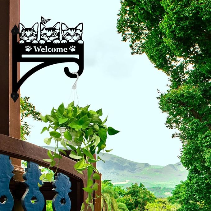 peacoblue Iron Plant Hangers Hooks Cat with Welcome for Outdoor Indoor Hanging Plants Flower Fern Pots Lantern Bird Feeder, 12"x15" Weather Resistant Metal Wall Holder for Porch Garden Farmhouse