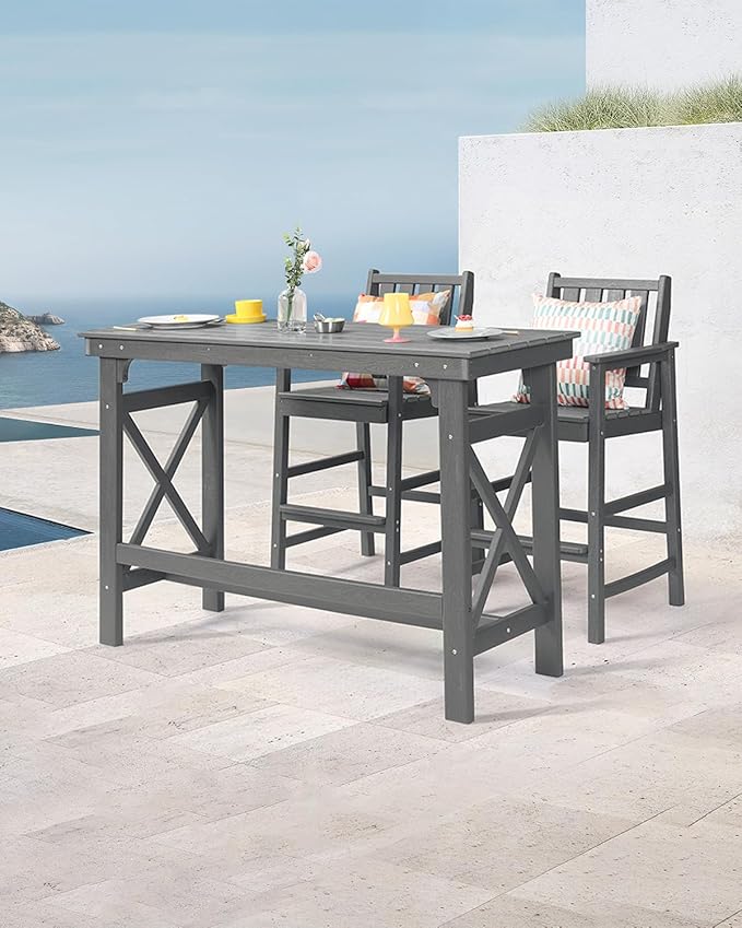 3 Pieces HDPE Outdoor Patio Bar Set, Rectangular Bar Height Table and Chairs Set, Patio Bar Stools Set, HDPE Outdoor Bar Table and Chairs Set for Balcony, Poolside, Porch, Smoke Gray