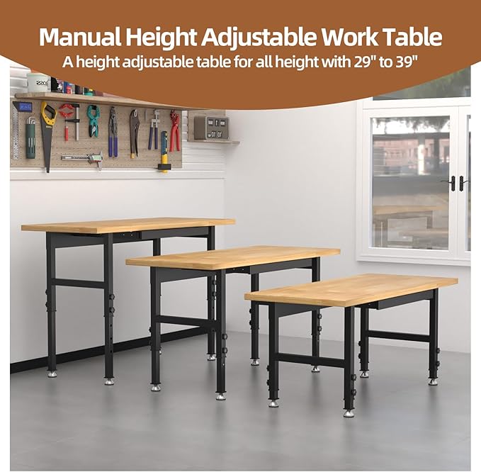 60" Adjustable Workbench, Work Bench Table with Power Outlet, Metal Tool Bench Work Bench for Garage, Large Load Capacity Garage Workbench for Workshop,Office,Home