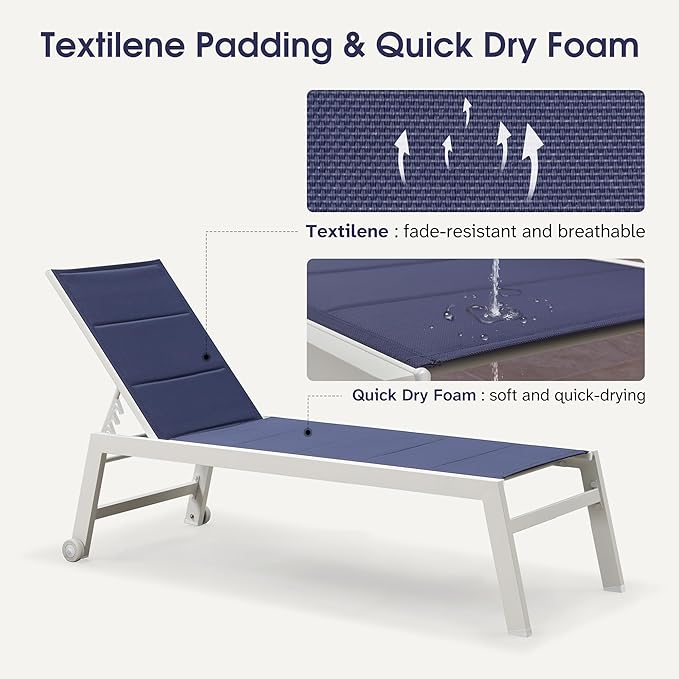 PURPLE LEAF Outdoor Chaise Lounge Set Adjustable Sunbathing Recliner with Side Table for Beach Poolside Outside Patio Aluminum Chaise Lounger Navy Blue