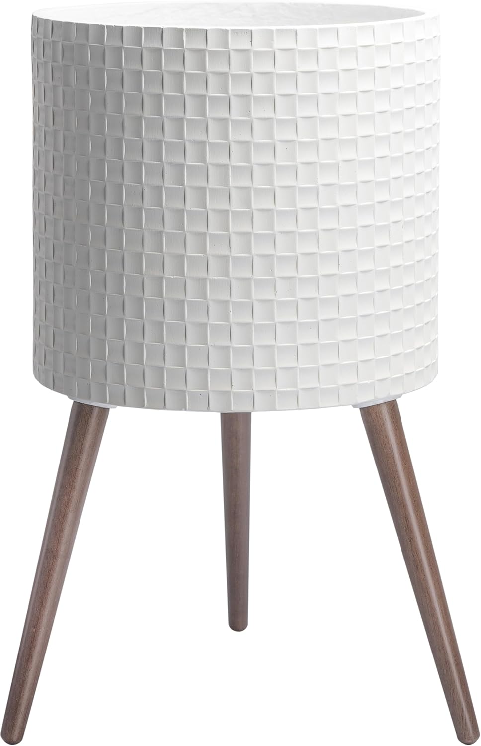 D'vine Dev 16 Inch Modern Geometric Tile Patterned Sleek Planter Pot with Stand, Indoor Outdoor Decorative Plant Holder, Matte White, 88-Z-E-1