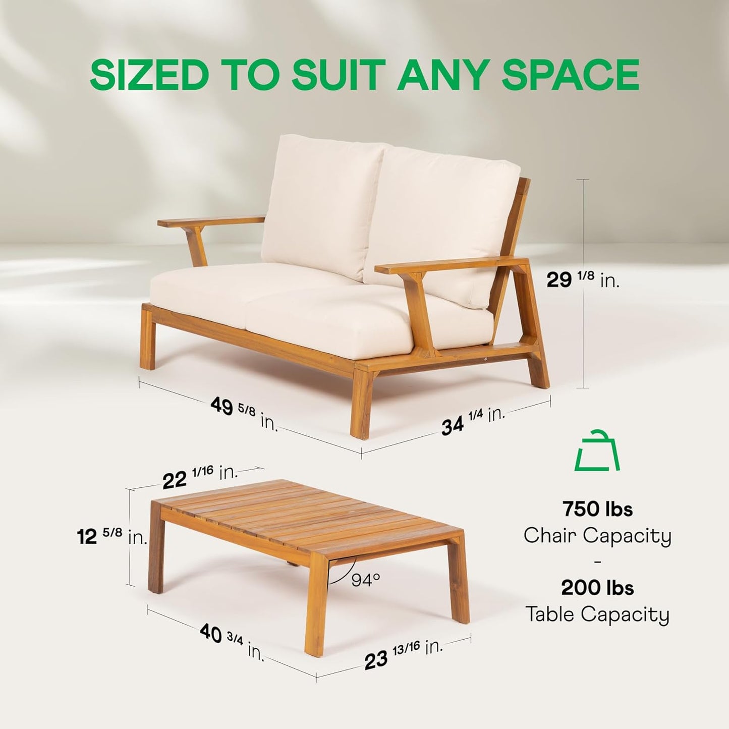 IDZO Jasper Solid Acacia Wood Loveseat Patio Set with Beige Cushions & Coffee Table – Modern Outdoor Furniture for Poolside, Garden, or Deck