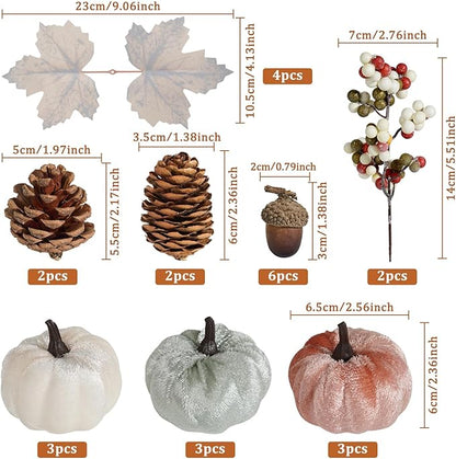 Artmag 25 PCS Pumpkin Decor Set, Artificial Fabric Pumpkins Decor with Acorns, Pinecones, Berries, Maple Leaves for Fall Halloween Thanksgiving Decorations Home Table