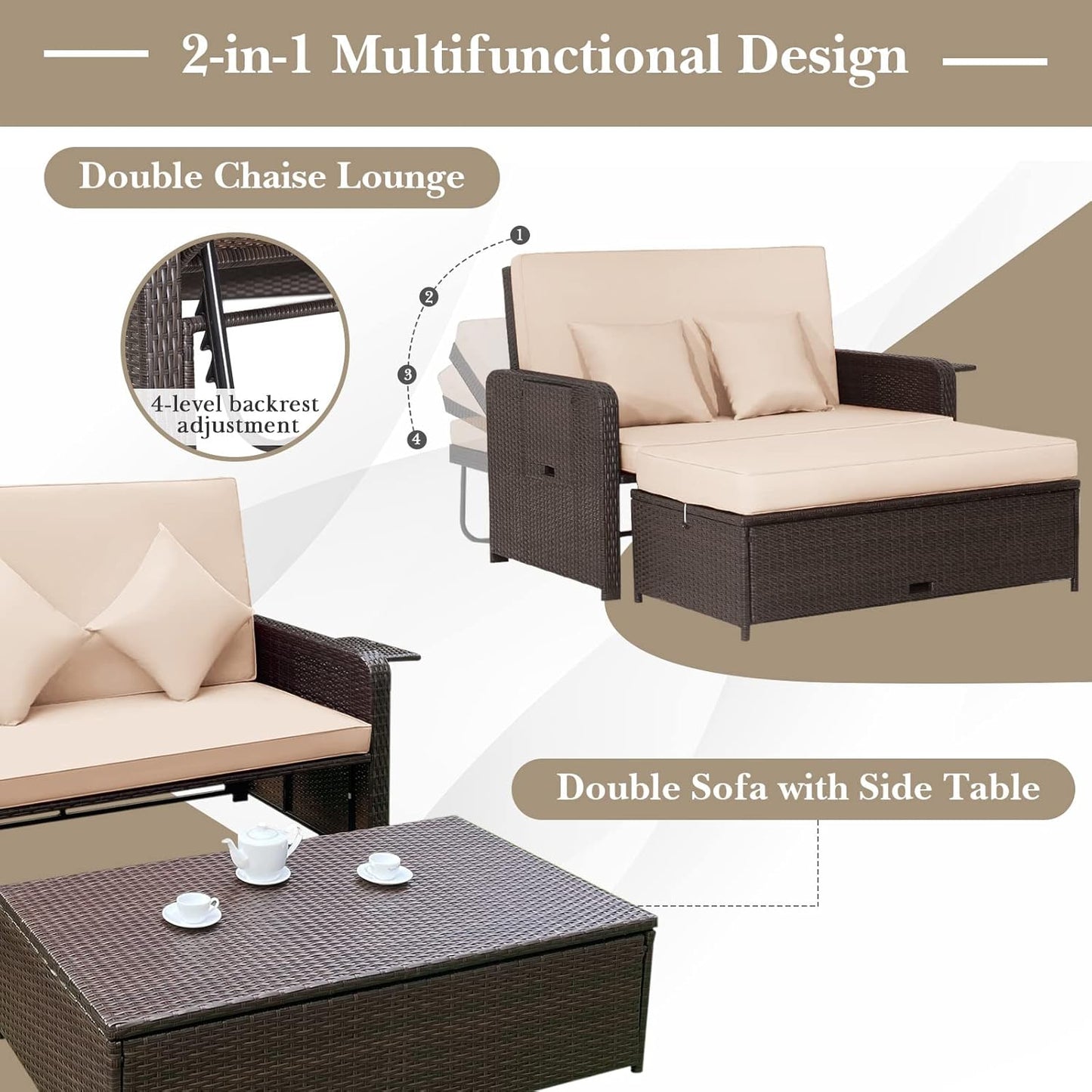 Tangkula Patio Rattan Daybed, Patiojoy Wicker Loveseat Sofa w/Multipurpose Ottoman & Retractable Side Tray, 4-Level Adjustable Backrest, Footstool w/Storage, Seat & Back Cushion Included (Beige)
