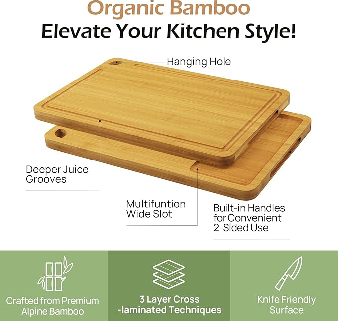 Wood Cutting Board for Kitchen - Reversible Bamboo Cutting Boards Gift Set of 3 with Juice Groove, Wooden Chopping Board for Meat, Fruit, Vegetables & Cheese (Pre Oiled, Natural)