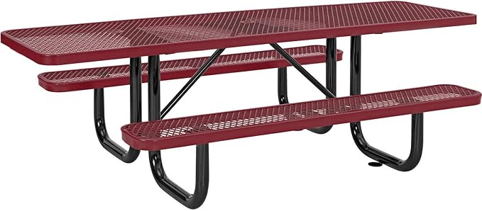 Global Industrial 8'L Rectangular Picnic Table, ADA Compliant, Expanded Metal, Red Thermoplastic Coating, Attached Benches, 1-1/2” Umbrella Pole Hole, Outdoor-Rated