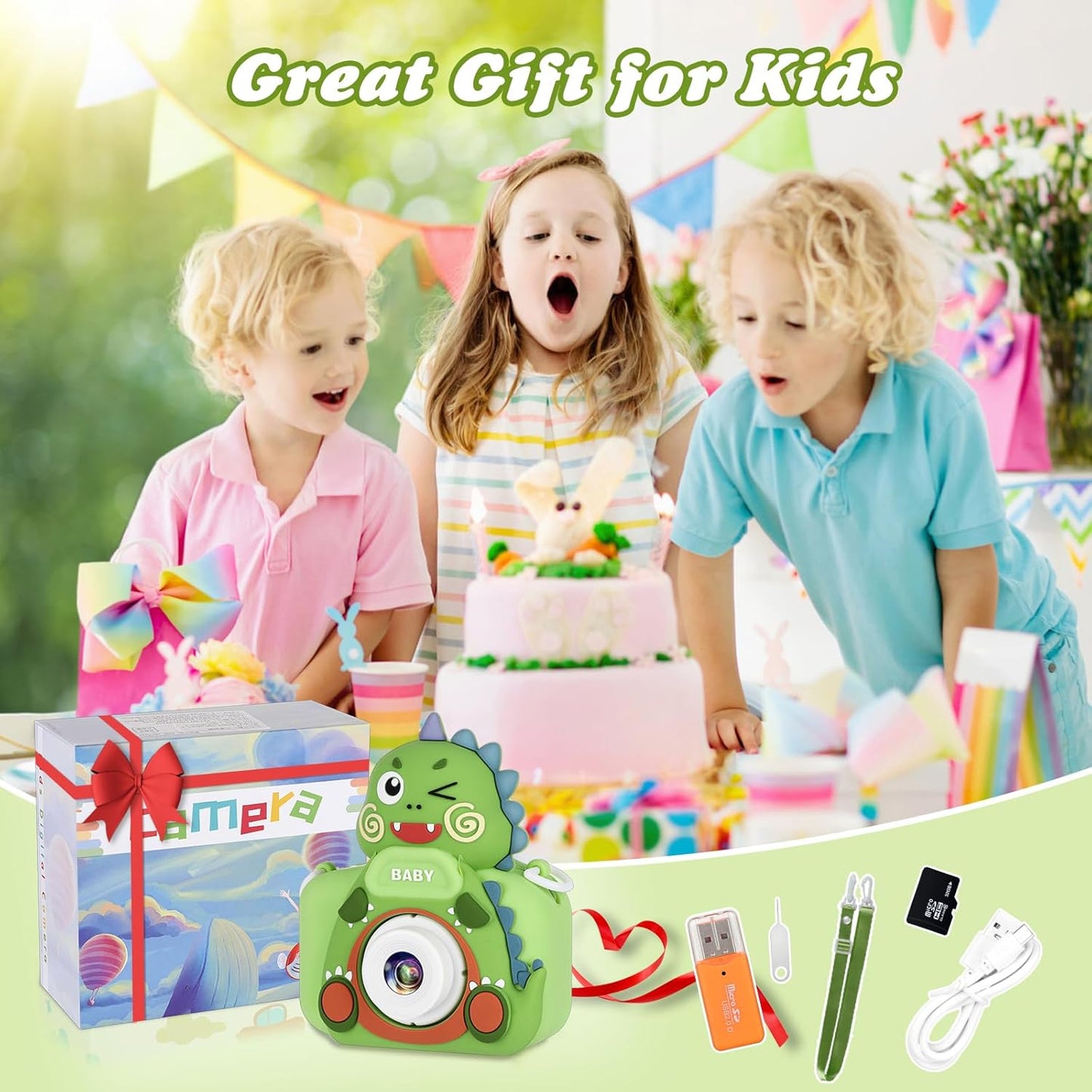 Kids Camera,HD Digital Video Camera,Childrens Toys for 3 4 5 6 7 8 9 Year Old Boys/Girls,Selfie Camera for Kids,Christmas Birthday Gifts with 32GB SD Card (Dinosaur Green)