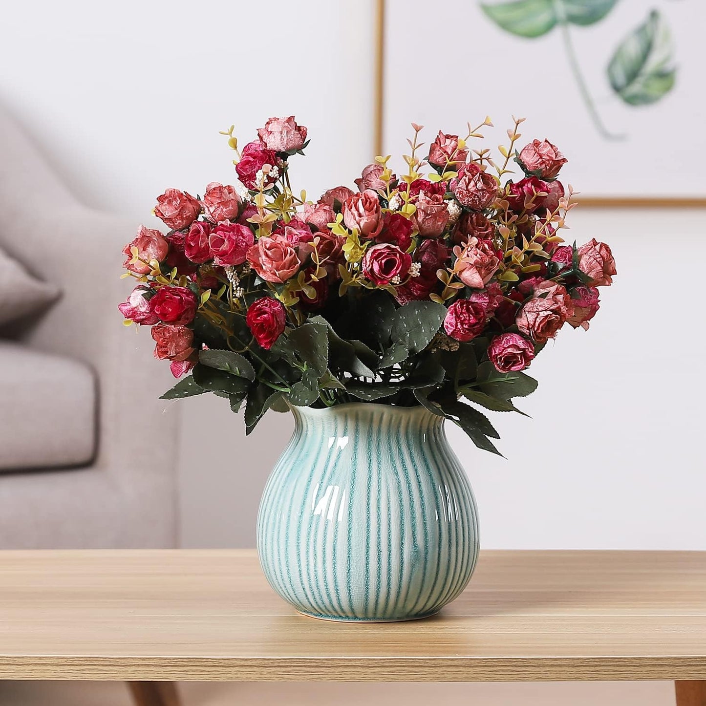 Duovlo 7 Branch 21 Mini Rose Heads Artificial Flowers Bouquet Wedding Home Office Decor,Pack of 4 (Rose Red)