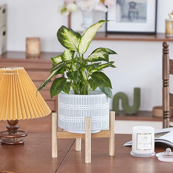 LA JOLIE MUSE Ceramic Plant Pot with Wood Stand - 7.3 Inch Modern Round Decorative Flower Pot Indoor with Wood Planter Holder, Slate Blue and White