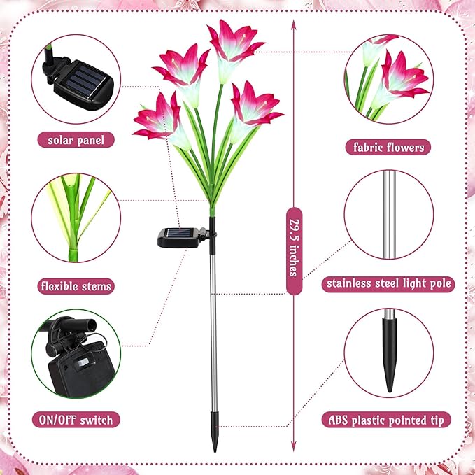 Retisee 8 Pcs Solar Lights Outdoor Solar Flower Lights with 32 Lily Flowers Waterproof Color Changing Outdoor Lights Solar Powered Lily Flower Lights for Patio Yard Garden Decoration