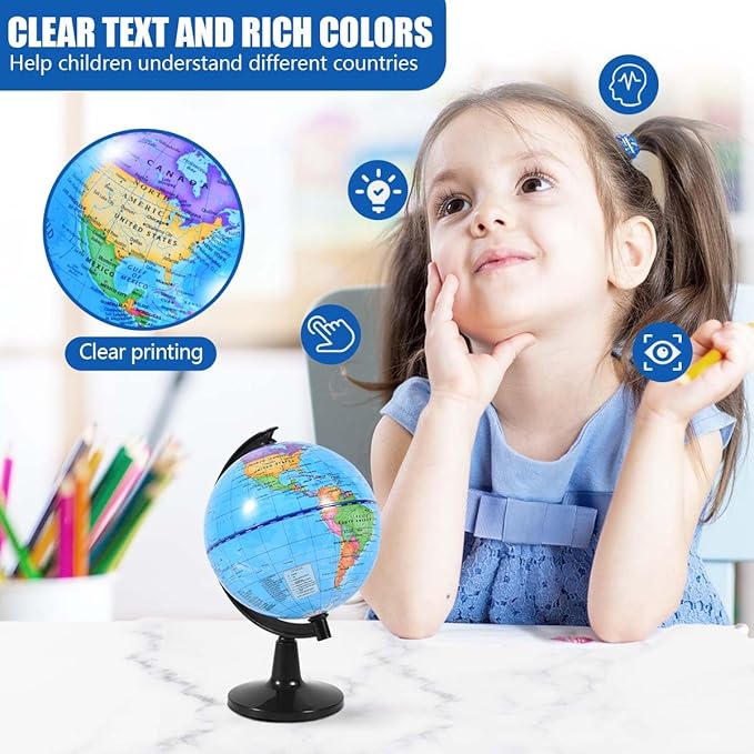 Rotating World Globe 4 Inch Spinning Earth Globe with Stand for Kids Learning Geography Classroom Education or Office Home Decorations