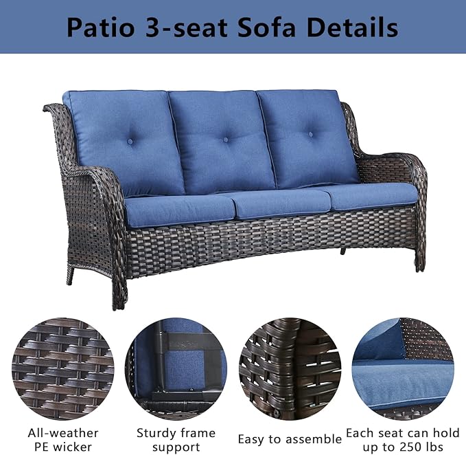 Outdoor Wicker Furniture Patio Set - 7 Piece Backyard Furniture Brown Rattan Conversation Sets with Swivel Rocker Chairs, Rattan Sofa, Club Chairs and Coffee Table, Blue Cushion